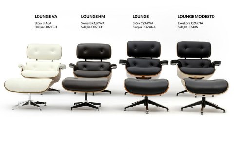 Fotel LOUNGE HM biały / drrwno orzech / skóra naturalna z podnóżkiem biały