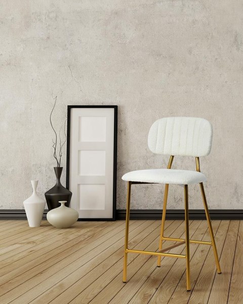 Krzesło barowe hoker FABIOLA BOUCLE białe tapicerowane złota podstawa