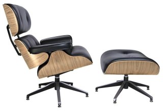 Fotel LOUNGE czarny / drewno jesion / skóra naturalna z podnóżkiem