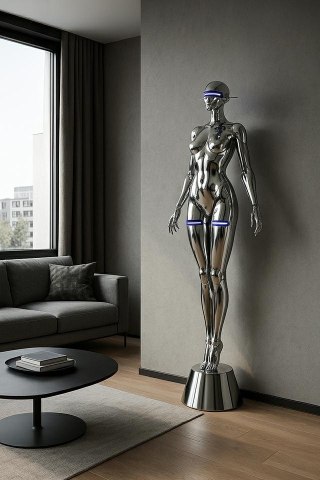 Lampa podłogowa / rzeźba CYBER WOMAN STAND chrom, nowoczesna, human