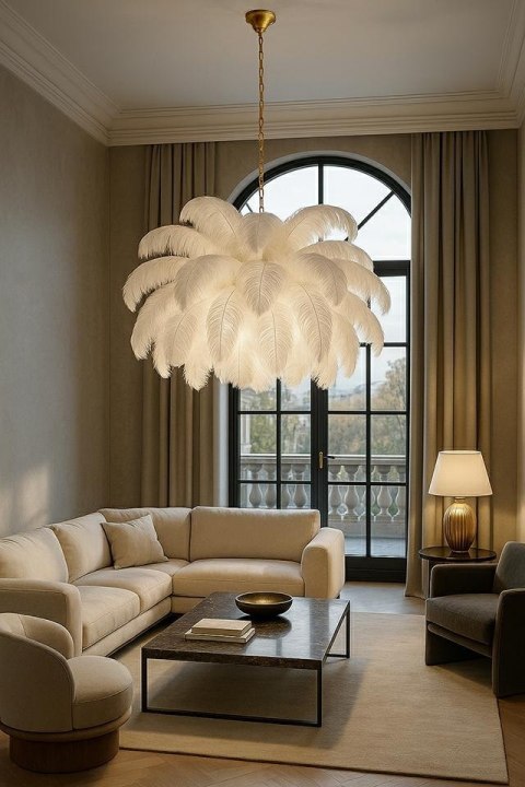 Lampa wisząca TIFFANY 135 biała mosiądz / naturalne pióra