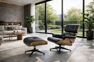 Fotel LOUNGE czarny / drewno jesion / skóra naturalna z podnóżkiem