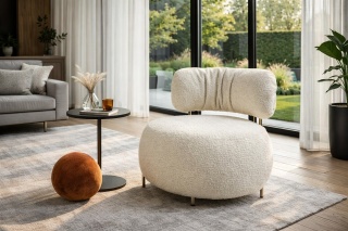 Fotel LOW TEDDY tkanina biała teddy - stal brąz