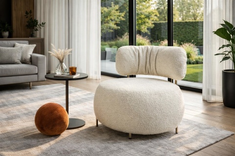 Fotel LOW TEDDY tkanina biała teddy - stal brąz