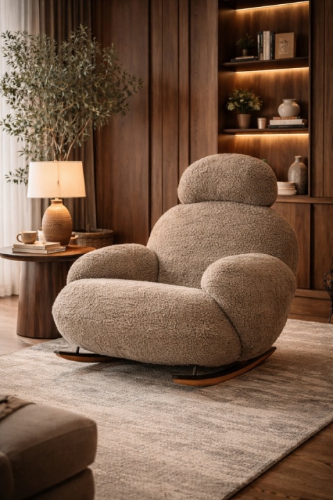 Fotel bujany PLUSH TEDDY ciemny beżowy tapicerowany