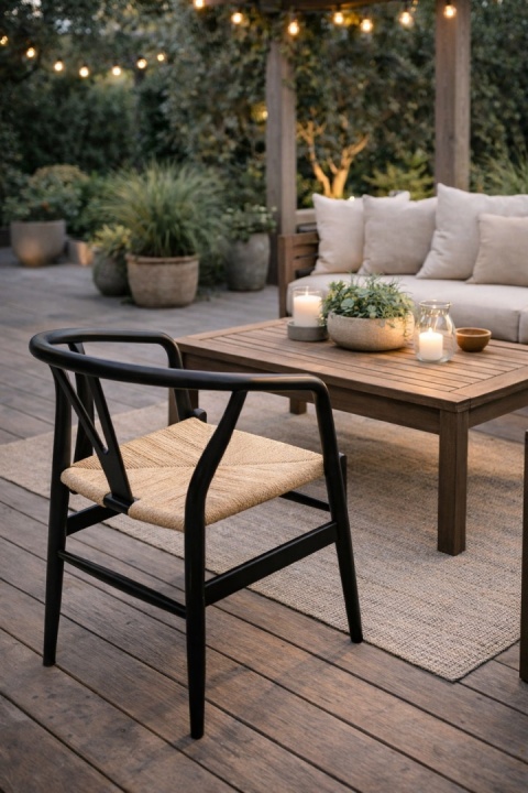 Krzesło WISHBONE czarne - drewno bukowe, naturalne włókno